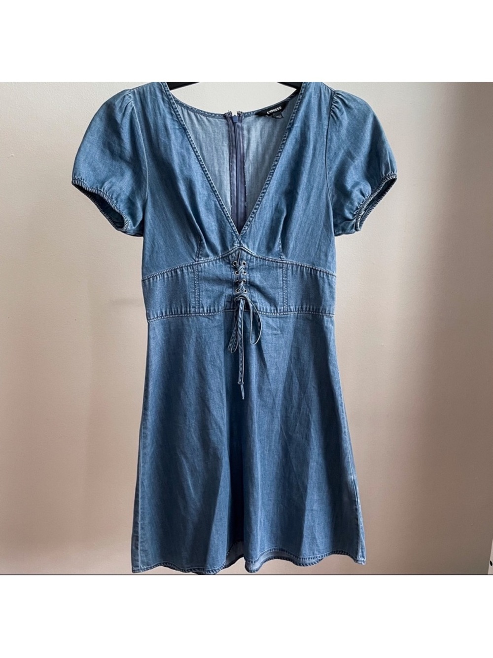 Denim Lace-Up Mini Dress in Light Blue